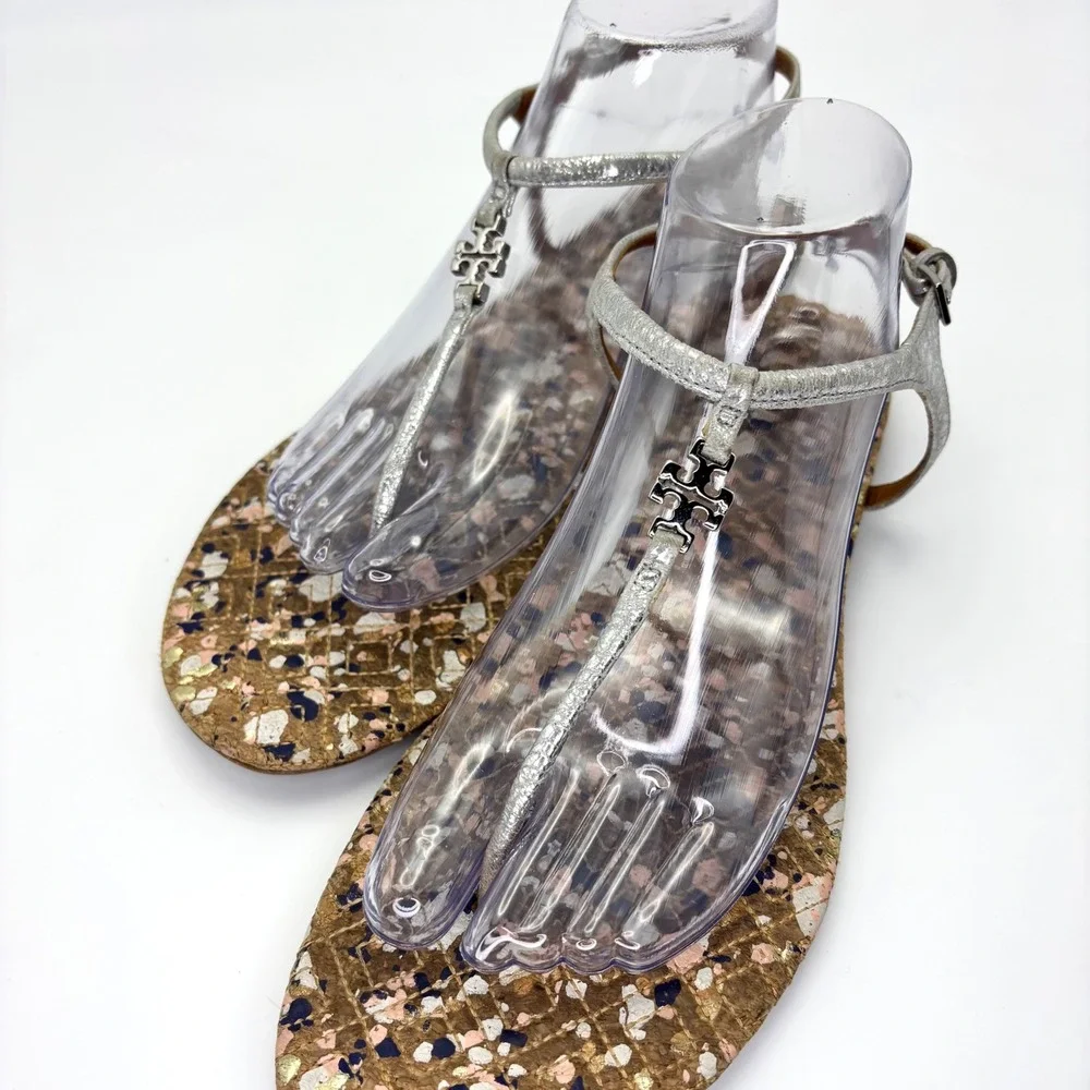 Tory Burch Marion Confetti Women's 10.5 Silver Metallic Leather T-Strap Sandals